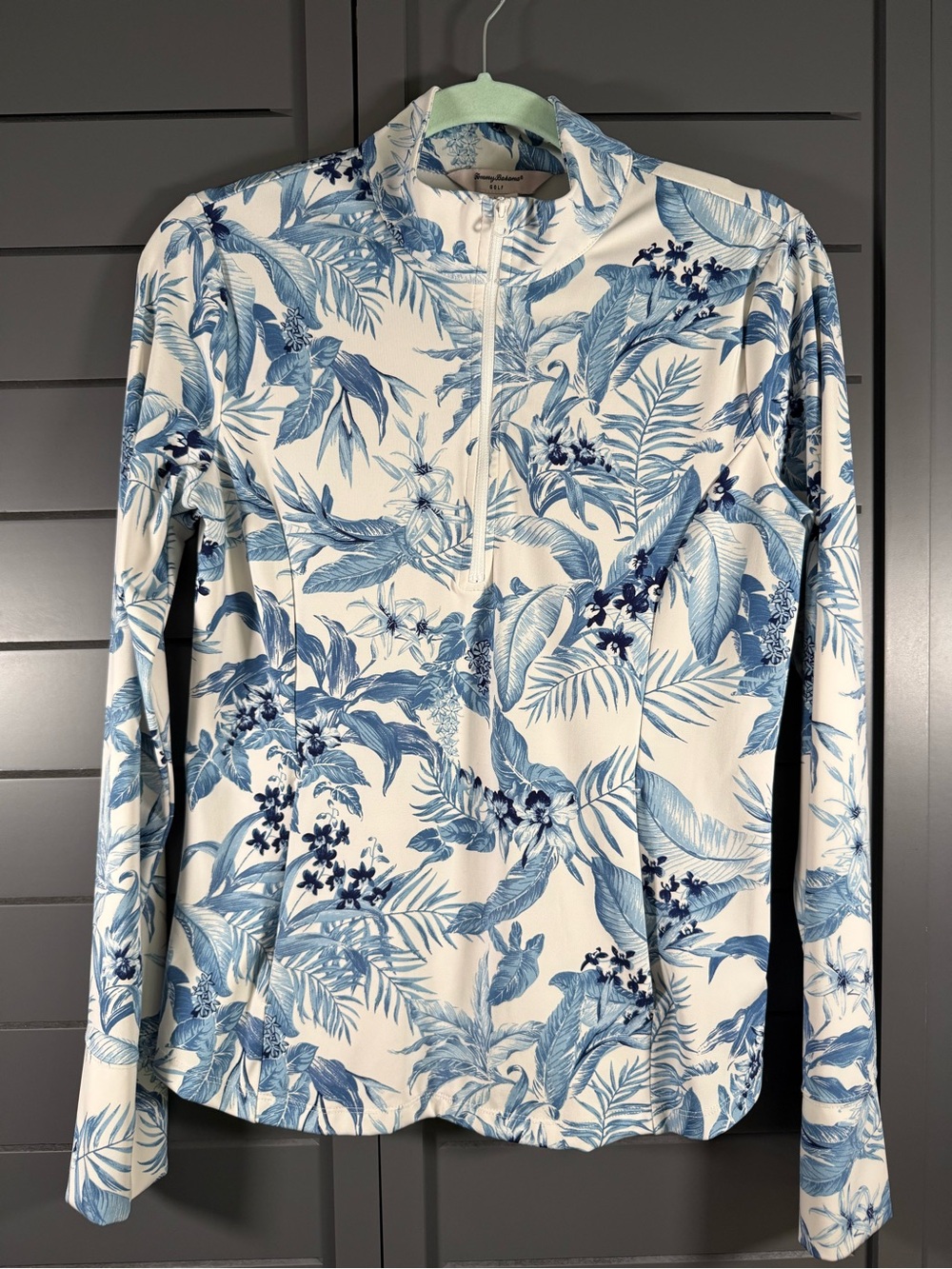 Tommy Bahama Blue and White Floral Long-Sleeve Zip Mock Top